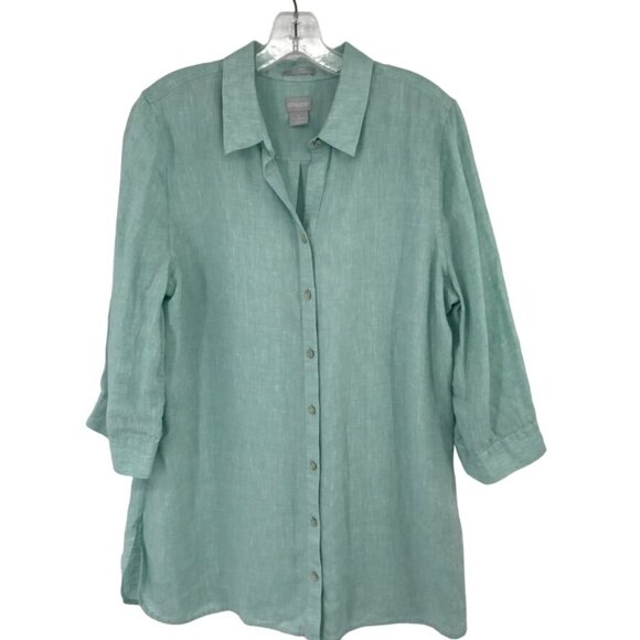 Chicos 2 Womens NoIron fresh chic Tunic Shirt Size large Linen Green 3 /4 Sleeve - Picture 1 of 13